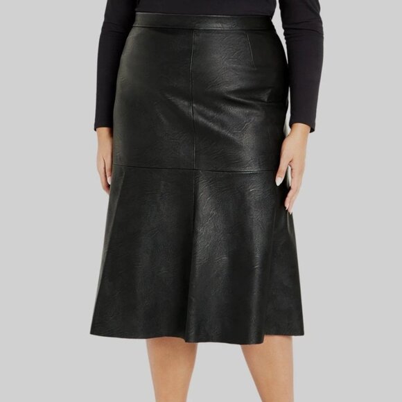 Avenue Faux Leather Skirt 24W | Black | High Rise Flared Midi | Luxe - Picture 1 of 5